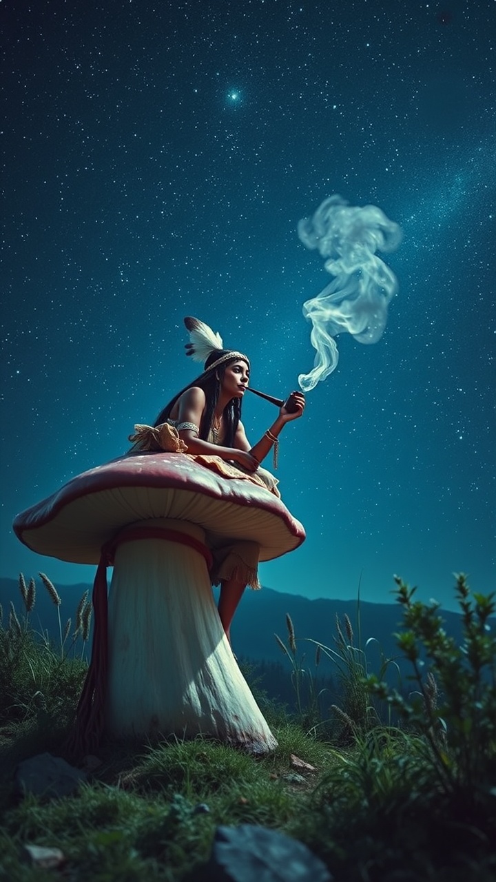 The image depicts a serene scene under a starlit sky, where a person sits atop a giant mushroom. They are wearing a feathered headdress and blowing smoke from a pipe, with the smoke swirling into the night air. The background is filled with lush greenery and distant hills, enhancing the otherworldly feeling of the composition.