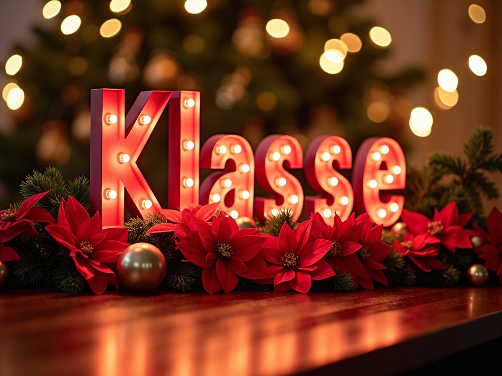 This image features the word 'Klasse' in bold, red letters illuminated with lights, set on a wooden table. It is adorned with beautiful vibrant poinsettias and gold ornaments. The backdrop is filled with twinkling Christmas lights that enhance the festive mood. The scene evokes a warm holiday spirit and festive cheer, capturing the essence of Christmas beautifully. Soft lighting contributes to a cozy atmosphere, making the setting inviting and joyful.