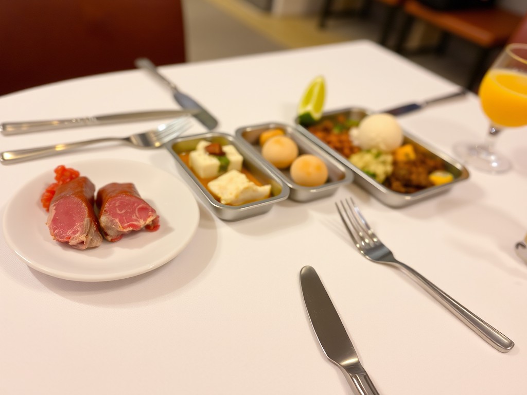 A selection of elegant small-portion dishes arranged neatly on a dining table.