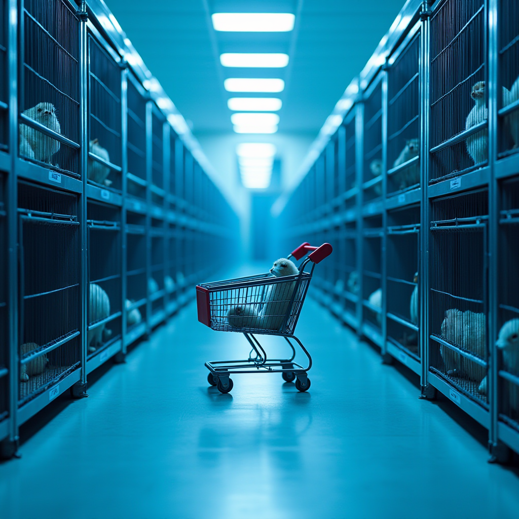 A single ferret sits in a miniature shopping cart, surrounded by caged ferrets in a dimly lit, orderly pet store corridor.