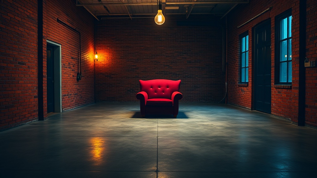 The image features a solitary red armchair situated in an otherwise empty industrial-style room with brick walls. The room is dimly lit by a single overhead light bulb, creating a striking contrast between the warm, earthy tones of the bricks and the vibrant red of the chair. The polished concrete floor reflects the ambient light, adding depth to the scene.