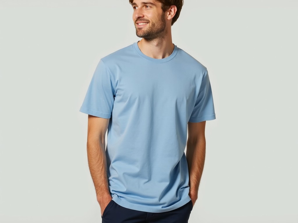 This image shows a person wearing a simple blue T-shirt. The T-shirt has short sleeves and a round neckline. The person is standing and looking slightly to the side with a pleasant expression. The T-shirt's color is a soft, medium blue, complementing the casual look. The background is plain, which highlights the T-shirt and the person.