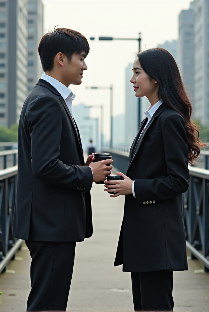 Two people in suits stand on a city bridge, facing each other and holding coffee cups.