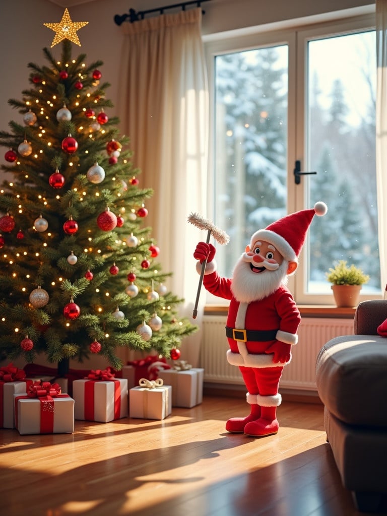 A cozy living room decorated for Christmas. A beautifully adorned Christmas tree with ornaments and lights. Wrapped gifts neatly placed under the tree. Santa Claus holding a cleaning tool with a cheerful expression. Sparkling lights and soap bubbles symbolizing cleanliness. Soft snowfall visible through a clean window, creating a winter vibe.