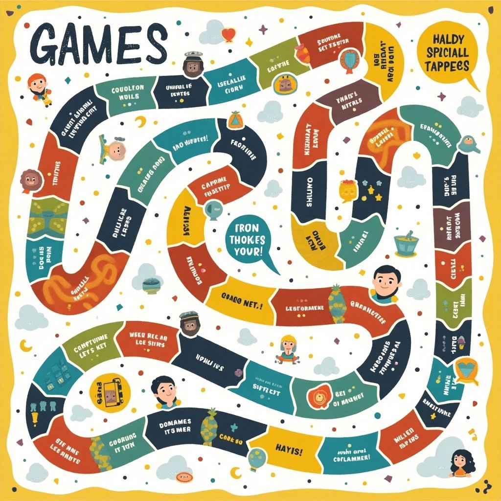 A colorful board game design where players advance by answering multiple choice questions correctly. Features a winding path with special spaces for double certainty points, waiting a turn, moving back additional spaces, and playing again. Bright colors and playful illustrations enhance the fun atmosphere.