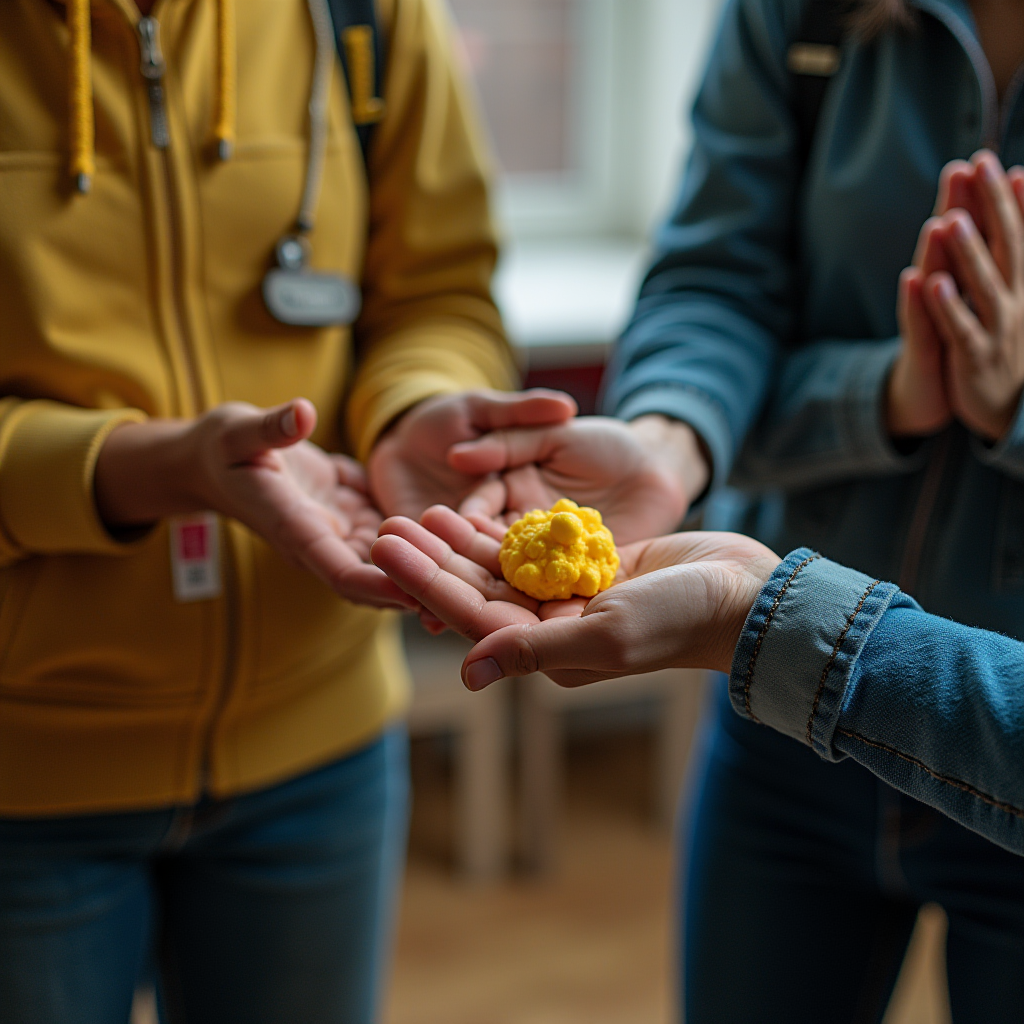 Three people gather around holding a small, bright yellow, textured object in their hands.