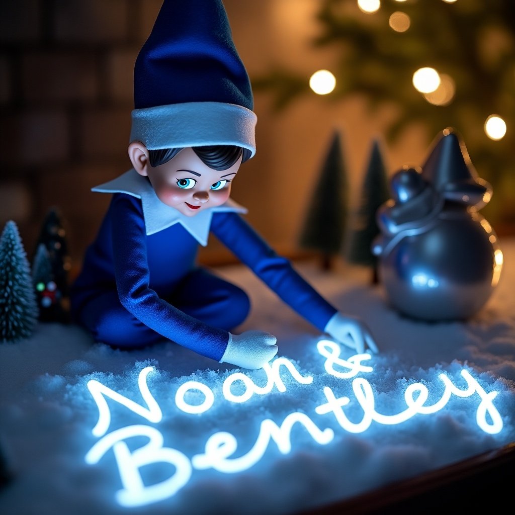 Elf on the shelf wearing blue writes in the snow. Names are illuminated in cursive by magical lights. Christmas atmosphere with decorations.