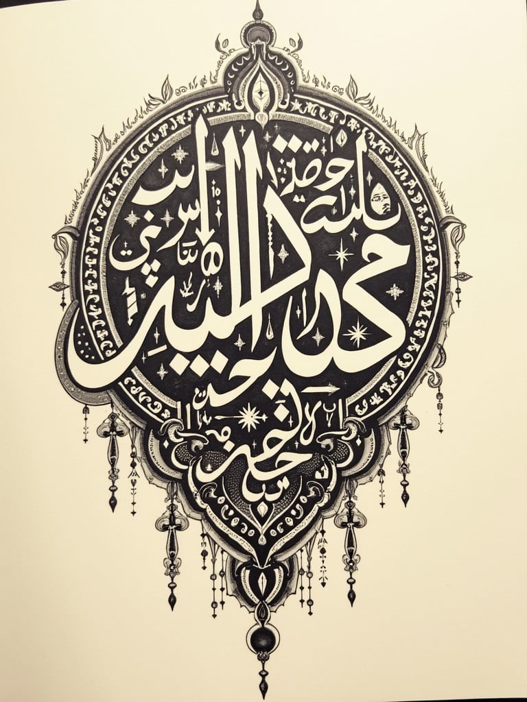 Create intricate Diwani style calligraphy art featuring Arabic text. Focus on detailed calligraphic forms surrounded by ornate decorations. Use black ink on a light background for visual contrast.