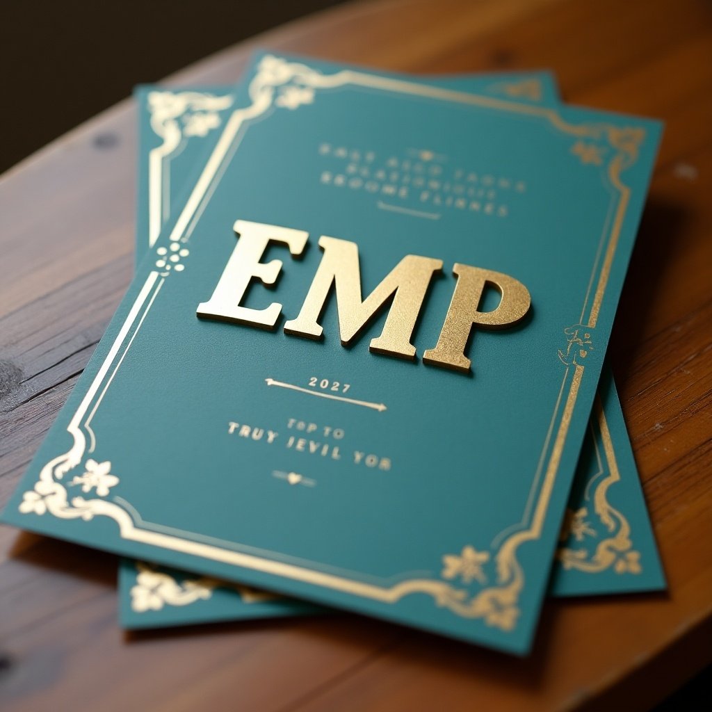 Vintage-style invitation card features the letters 'EMP' in gold. Gold letters contrast with a teal background. The card rests on a wooden table.