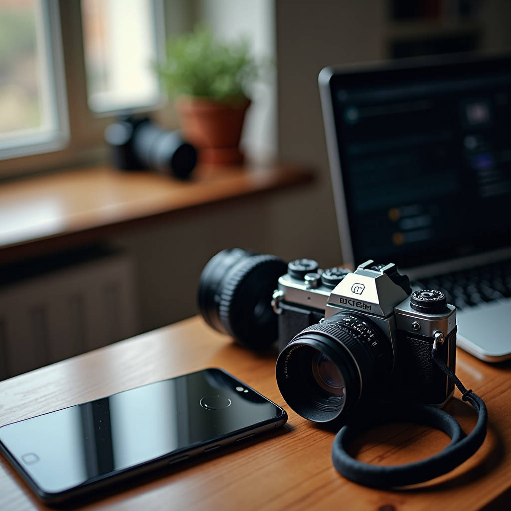 A vintage camera sits on a wooden desk next to a smartphone and a laptop, with a blurred plant and additional camera lens in the background near a window.