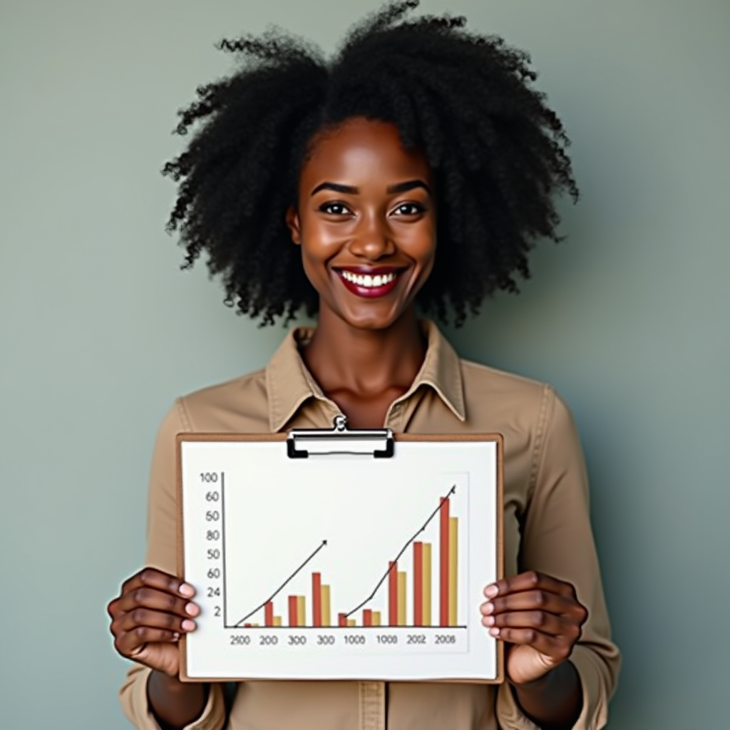 A person holding a clipboard with a bar and line graph depicting growth over several years.