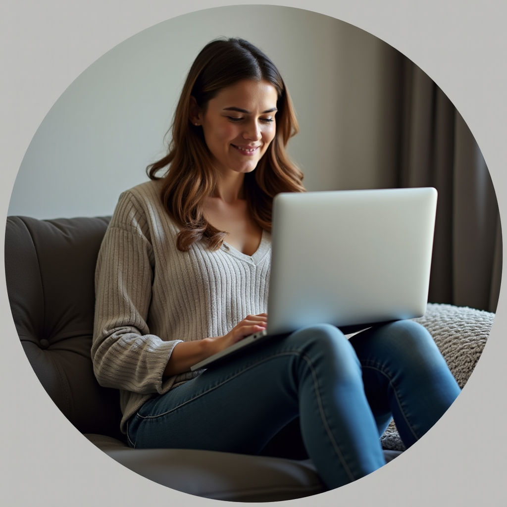 A woman sits on a couch using a laptop and smiling contentedly.