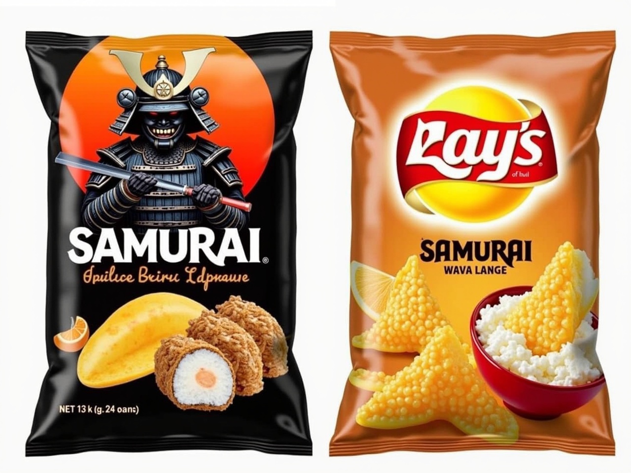 The image showcases two distinct bags of snacks side by side. On the left, there is a Lay's chip bag featuring Samurai flavor, with vibrant colors and appealing graphics. The right side displays another Lay's product, also marketed under the Samurai name. The packaging emphasizes unique flavors and cultural influences. Both bags are visually striking and reflect modern snack branding. They aim to attract customers with adventurous taste preferences.