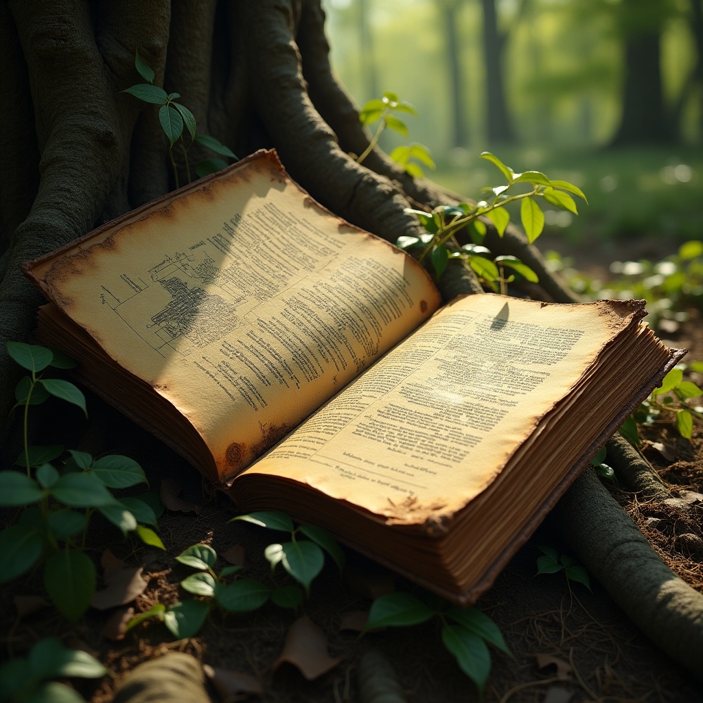 Open ancient book resting under an old tree. Pages are yellowed and brittle. Surroundings are lush with green. Sunlight filters softly through trees. Evokes sense of wonder and knowledge.