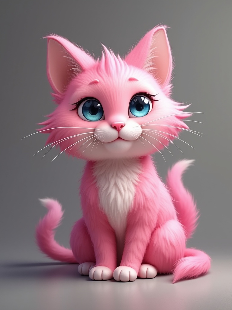 A cute pink cat sitting on a smooth surface. The cat has fluffy fur and a playful stance. Its expression is innocent and charming. The background is simple and soft in color.