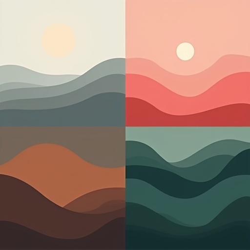 Illustration represents different noise colors for sleep aid. Four quadrants showing white noise, pink noise, brown noise, green noise. Top-left with soft gray waves. Top-right with gentle pink shapes. Bottom-left with earthy brown tones. Bottom-right with calming green patterns. Minimalistic and harmonious design.