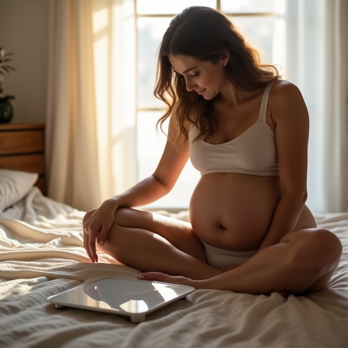 A pregnant woman sits cross-legged on a bed, looking peacefully at a digital tablet.