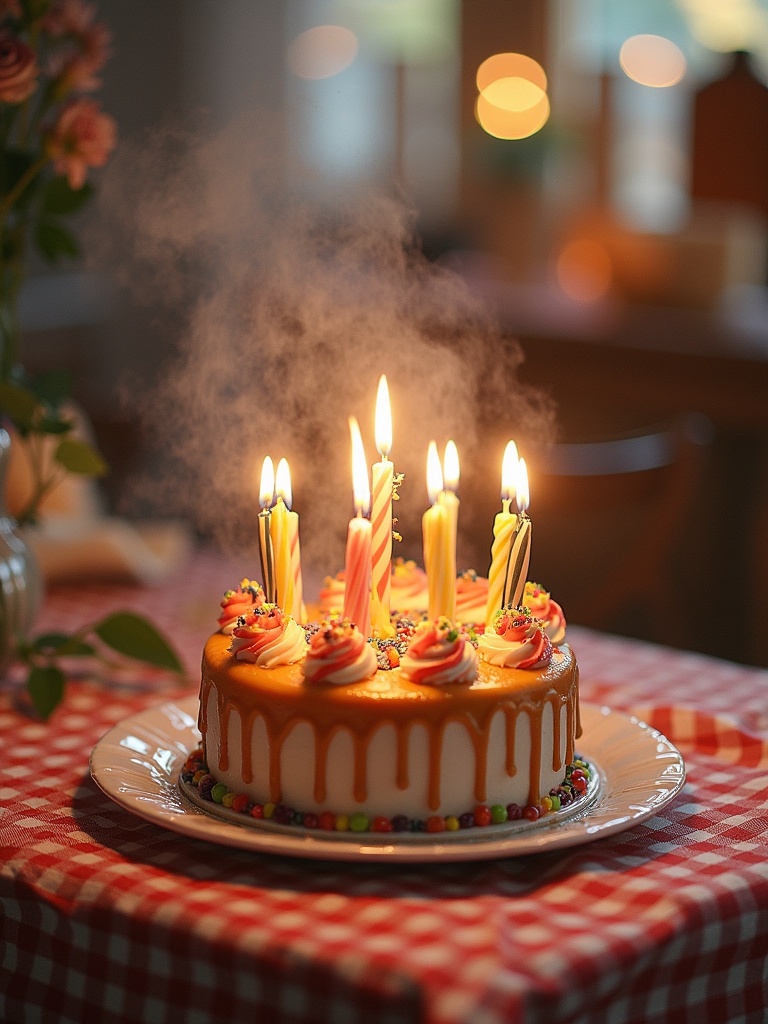 A birthday celebration featuring a colorful cake with candles. The cake has sprinkles and a dripped icing effect. Soft lighting creates a warm atmosphere. Party setup with flowers in the background. Steam coming from the cake indicates warmth and freshness.