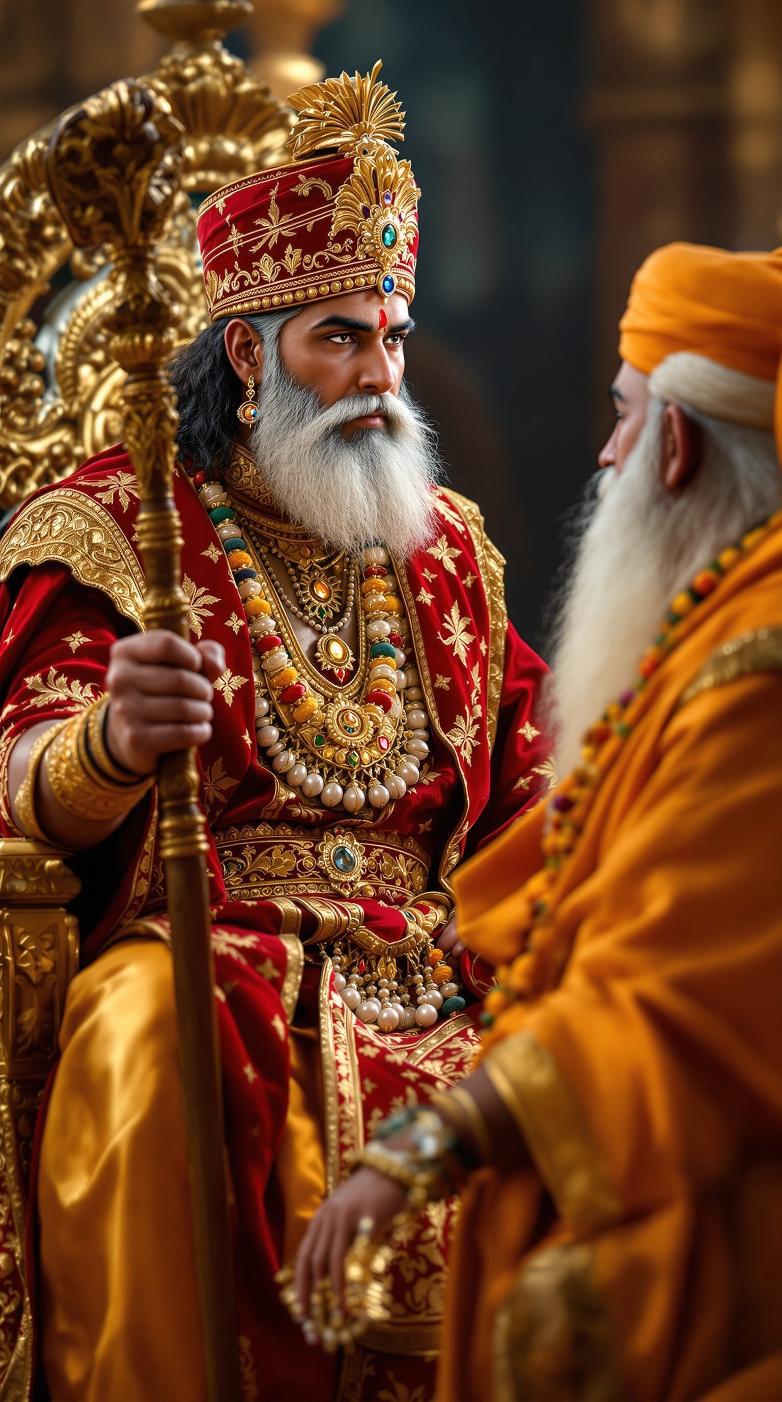 Clear ultra-HD image of King Veerendra, strong-built Indian king with deep brown eyes and a beard, wearing royal red and gold embroidered sherwani and crowned, sitting on golden throne, talking with Maharsi Anand, serene Indian sage with long white beard in saffron robes, holding a wooden staff and wearing rudraksha mala.