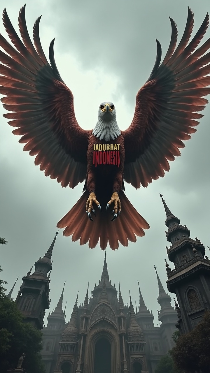 This striking digital artwork portrays a majestic eagle soaring in front of an intricately designed cathedral-like building. The eagle, captured mid-flight with its wings spread wide, exudes power and freedom. The architecture below features elaborate spires, adding a fantastical, almost gothic dimension to the scene. The image presents themes of strength and heritage, with overcast skies enhancing its dramatic effect.