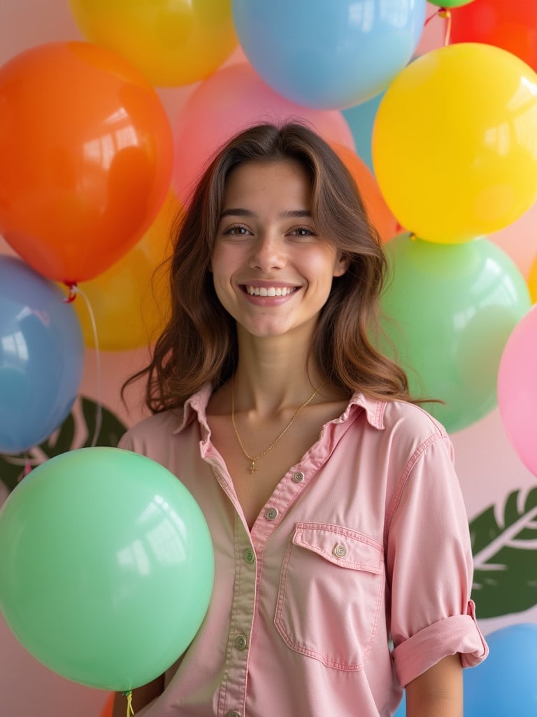 A young woman stands surrounded by colorful balloons captured in a lively atmosphere.