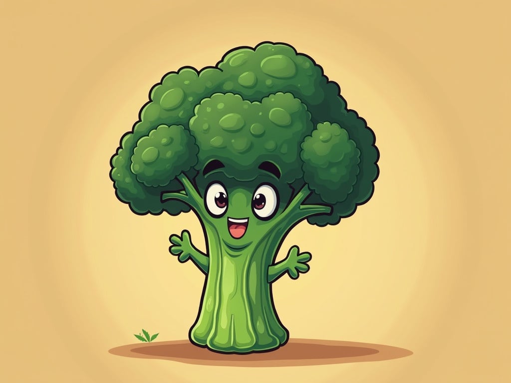 Cartoonish character designed as broccoli. Bright face with big eyes. Green broccoli body with arms. Simple beige background. Friendly and cheerful appearance.