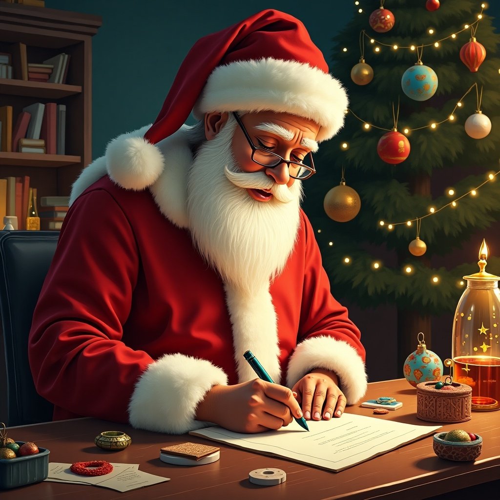 Santa Claus sits at a desk writing names on colorful baubles. A decorated Christmas tree is in the background. A warm and inviting atmosphere fills the room. Joyful holiday spirit is present.