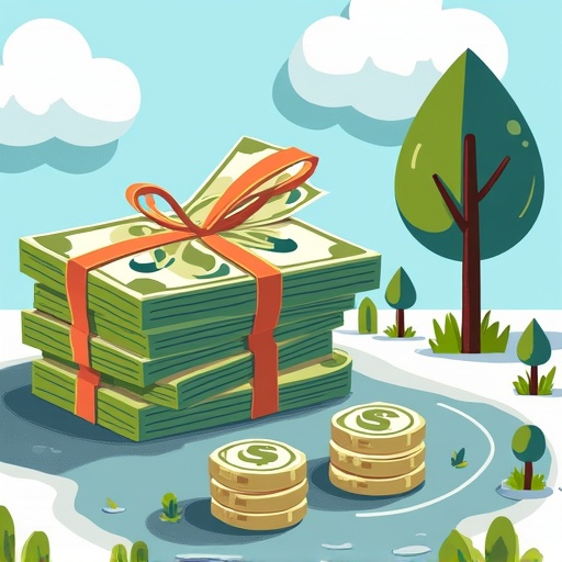 Images of stacks of cash and coins in a park setting. Money is tied with a ribbon. Bright sunny day with trees and clouds. Illustrative style.