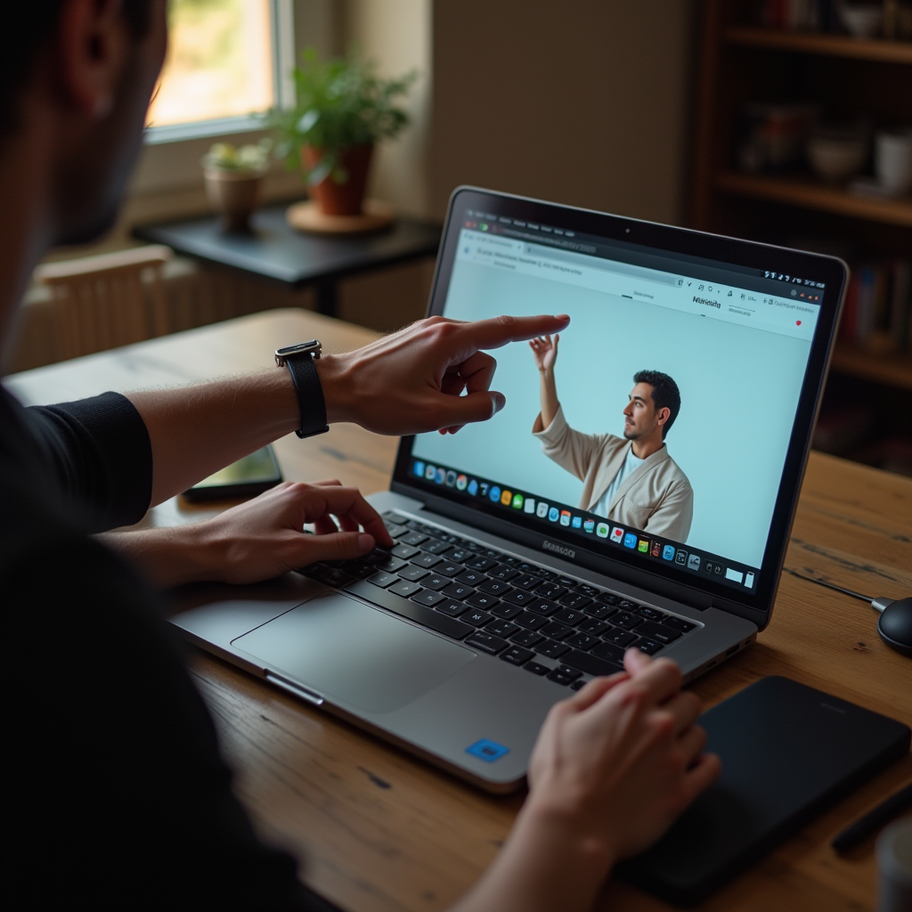 A person interacting with a video of a man on a laptop screen.