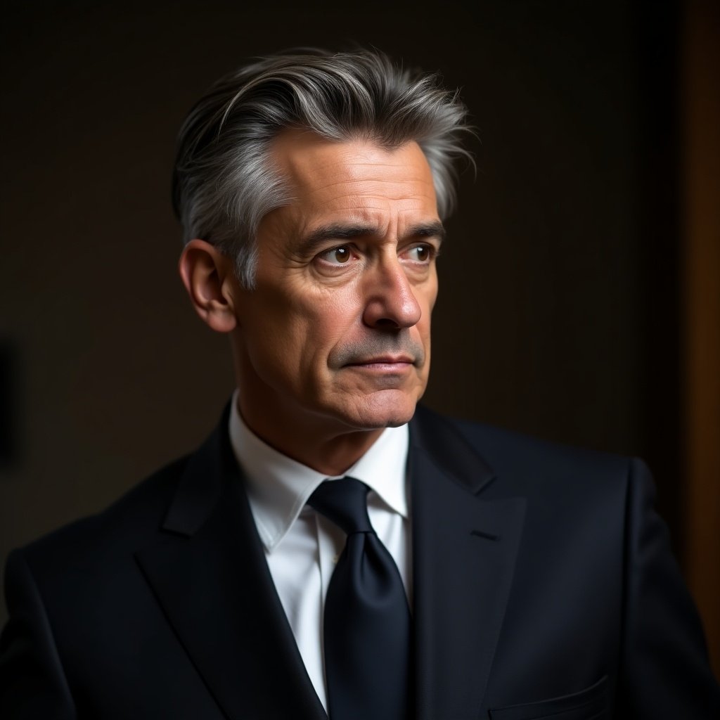 A man in a stylish suit and tie. The background is dark, emphasizing the individual's attire. The lighting is soft and dramatic.