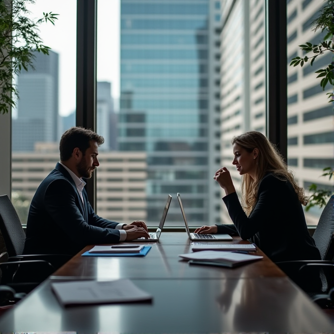 Two people are working on laptops at a conference table in a modern office with city views outside the window.