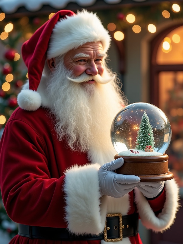 Christmas scene with Santa Claus in red suit holding a snow globe. Snow globe has name Trixie inside. Background features a toy shop with festive lights and decorations.