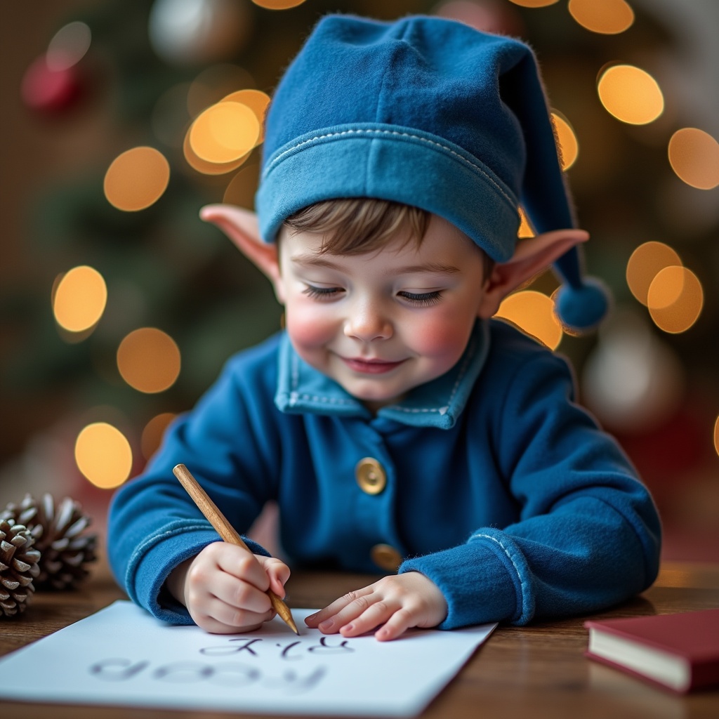 A festive scene during Christmas featuring a young boy dressed as a blue elf. He is seated at a wooden table, deeply focused on writing names on a sheet of paper. The background is adorned with a Christmas tree, decorated with warm, glowing lights, enhancing the holiday atmosphere. The boy's outfit includes a pointed elf hat and a cozy blue tunic. Next to him are some pinecones and a book, adding to the cozy Christmas vibe. His expression is one of concentration and joy, embodying the magic of the holiday season.