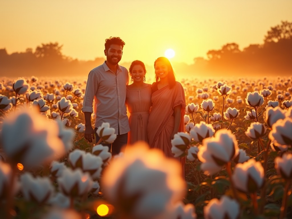 This image showcases a vibrant Indian cotton field during golden hour. The fluffy white cotton bolls are in full bloom, giving a picturesque scene. An Indian farming family stands together, displaying joyful expressions, dressed in traditional rural clothing. As the sun sets, golden coins appear to float up from the cotton plants, shining brightly in the warm light. The atmosphere is enhanced by magical golden lens flares and a soft bokeh effect, creating a serene yet dynamic visual experience.