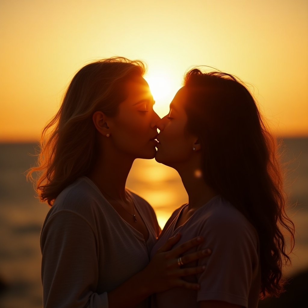 Two women share a gentle kiss in the warm light of the setting sun. The scene captures warmth and intimacy during sunset.