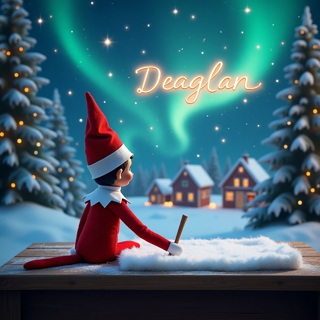 Elf on the Shelf sitting at a wooden table writing on white cloth in a winter atmosphere. The elf has a red outfit and white collar with a pointy hat. Snowflakes are falling around. Background features deep blue sky, Northern Lights, and a cozy village. Soft glowing names in the clouds enhance the magical feel.