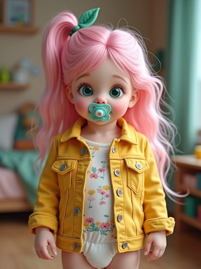 A doll dressed in a yellow denim jacket and diapers. Doll has long pink hair. Outfit features a floral design. The doll stands with a cheerful appearance in a brightly colored room.