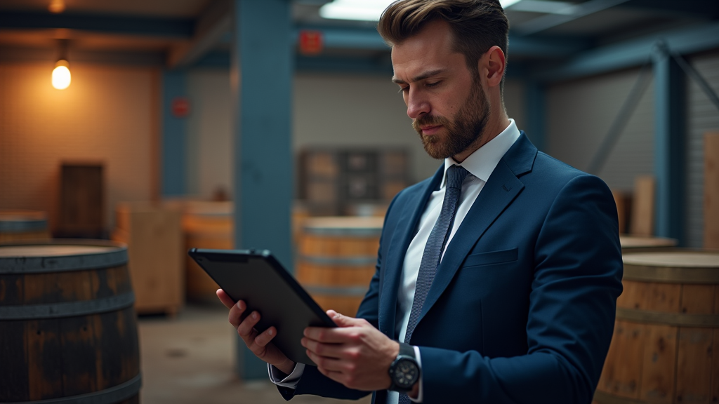 A man in a suit examines a tablet in a warehouse filled with wooden barrels.