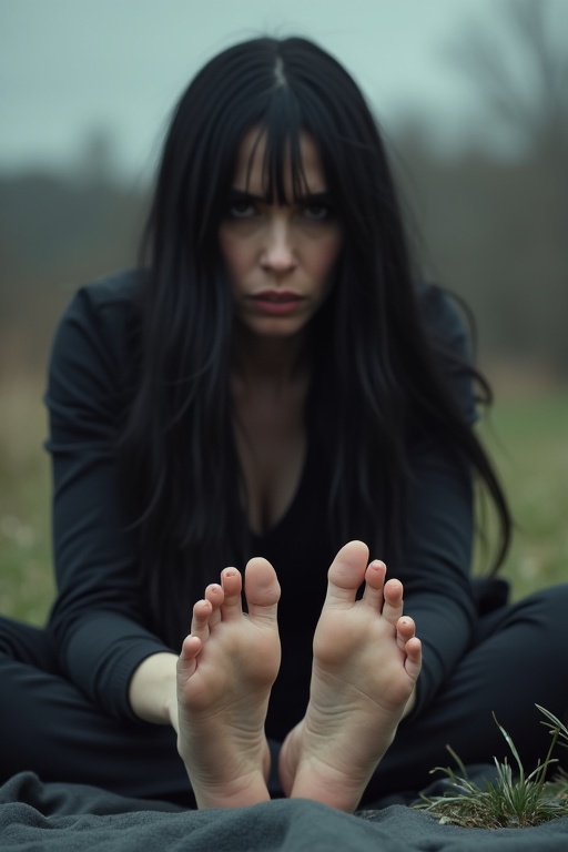 Mature goth woman with long black hair sits on a blanket outside. Focus on her bare feet showing wounds. She looks worried. Soft lighting adds mood.