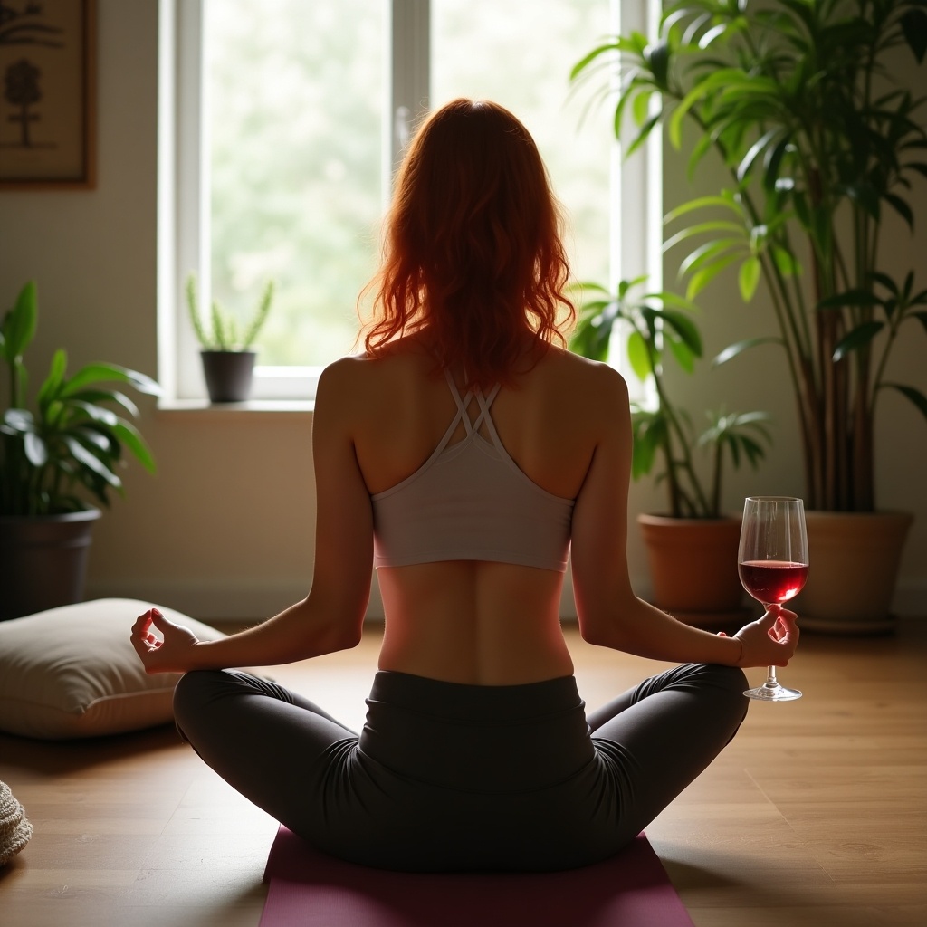 The image captures a peaceful scene in a bright room with plants. A woman with red hair is seated in a classic yoga position on a mat. She holds a glass of red wine in one hand while meditating. The soft sunlight illuminates her silhouette and the surrounding greenery. The atmosphere conveys a blend of relaxation and indulgence, ideal for a wellness lifestyle.