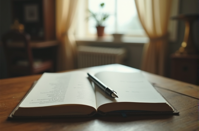 A pen resting on an open book in a softly lit room with a view of a window.