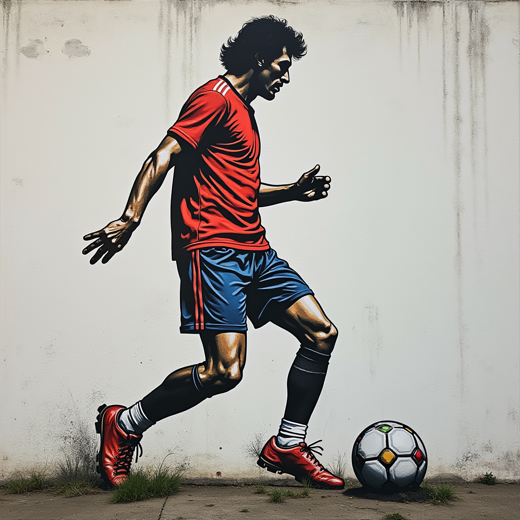 A dynamic mural of a soccer player in a red and blue outfit controlling a soccer ball against a weathered white wall.