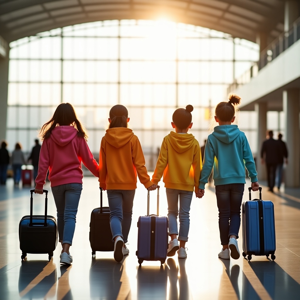 Four cheerful children confidently walk through a brightly lit airport. Each child is dressed in colorful hoodies, which adds a vibrant touch to the image. They each carry small suitcases, indicating they are about to embark on an adventure. The large windows of the airport fill the space with natural light, highlighting the excitement of travel. The children's smiles suggest a sense of joy and anticipation.