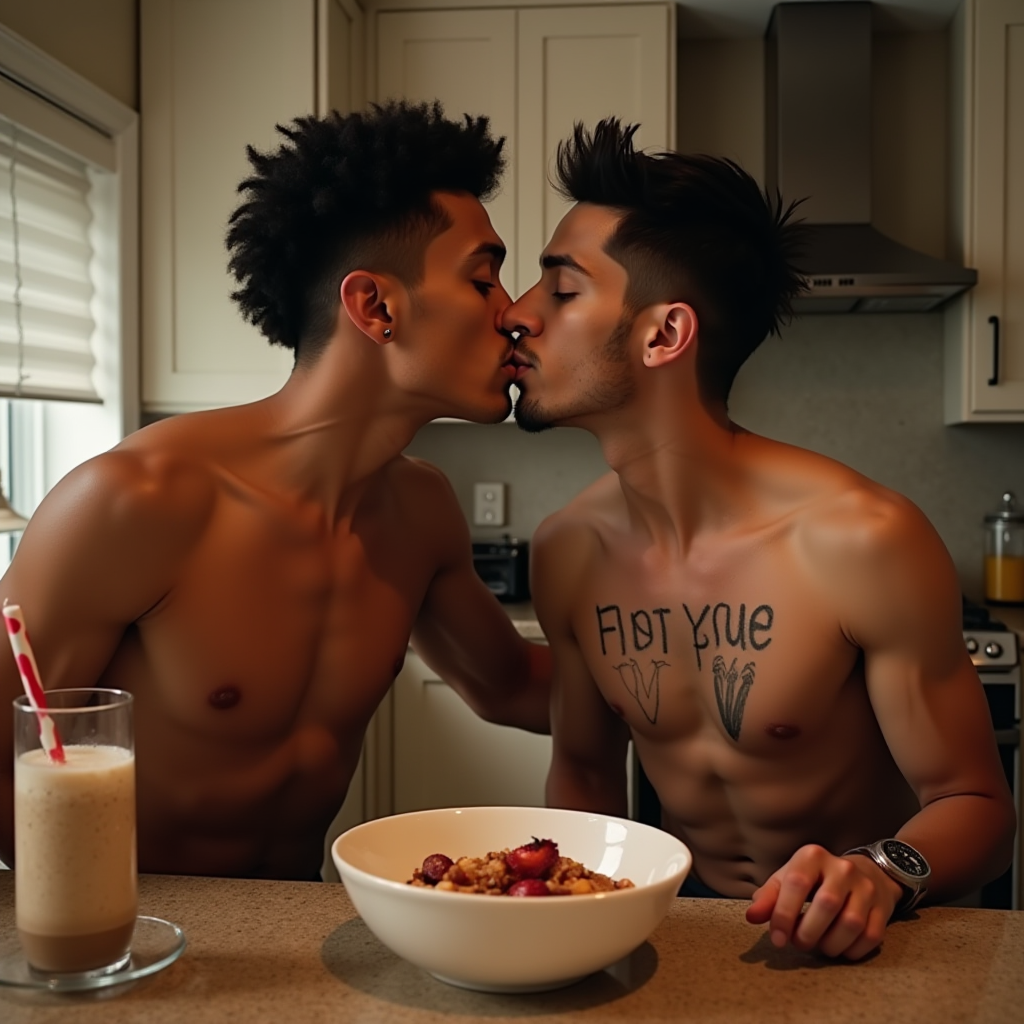 Two shirtless individuals share a tender kiss in a modern kitchen.