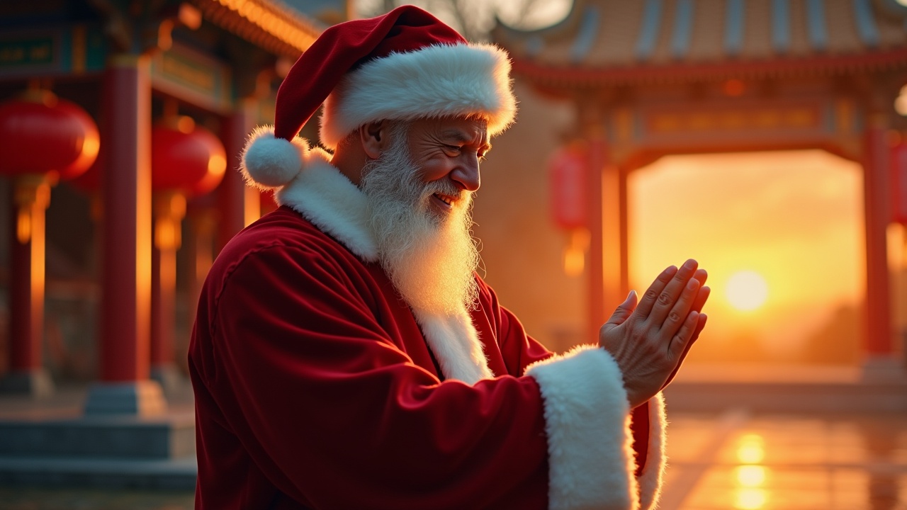 Cinematic image features Santa standing in front of a traditional Chinese temple. Smiles warmly and bows showing respect for cultural origins of Tai Chi Chuan. Bright moon light at magic hour. Hyperrealistic shot on Arriflex.