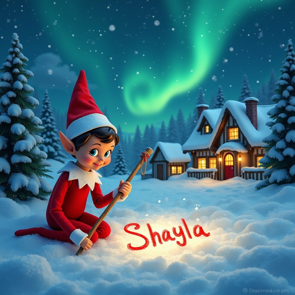 A magical snowy scene features a traditional elf on the shelf named Shayla writing her name in the snow. The background showcases a beautiful aurora borealis illuminating the night sky. Cozy village houses with glowing warm lights contrast against the snowy landscape. Tall, snow-covered trees add to the winter wonderland effect. The elf wears a classic red outfit and uses a stick to carefully write in the snow, creating an enchanting atmosphere during the holiday season.