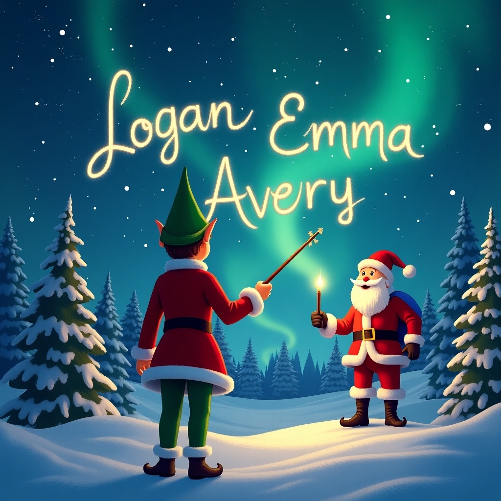 Elf in the foreground faces sky using a wand to write names in the air. Magical Christmas background includes snowy trees and Northern lights. Santa Claus appears beside the elf. Names displayed in the sky are Logan, Emma, and Avery.