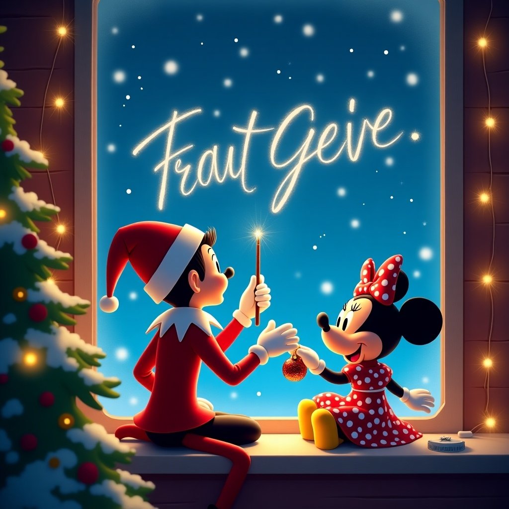 An elf on the shelf sits on a windowsill facing the audience. He writes 'Βασιλική' in the starry night sky with a wand. Minnie Mouse decorates a Christmas tree and holds an ornament with joy. The window is adorned with glowing lights, creating a festive vibe. Snowflakes fall silently outside, enhancing the winter magic.