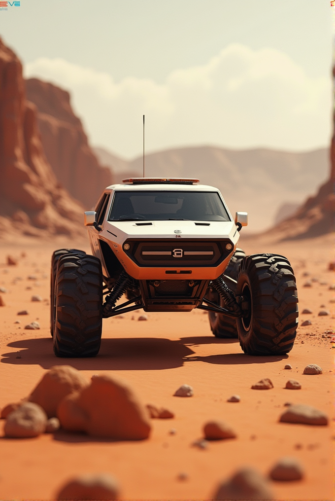 A futuristic off-road truck is parked on a rocky desert landscape.