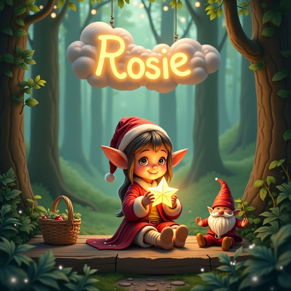 A young elf with pointed ears sits on a wooden platform. She wears a festive outfit and holds a glowing star. The forest is lush with greenery. Tall trees allow light to filter through. The name 'Rosie' is written in whimsical cloud-like letters. A cozy basket and a gnome add to the scene.